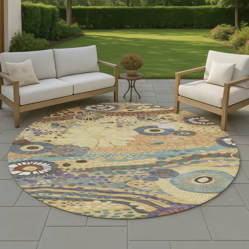 Machine Washable Indoor/ Outdoor Whimsy Floral Chantille Rug - Gold - 8' x 8'