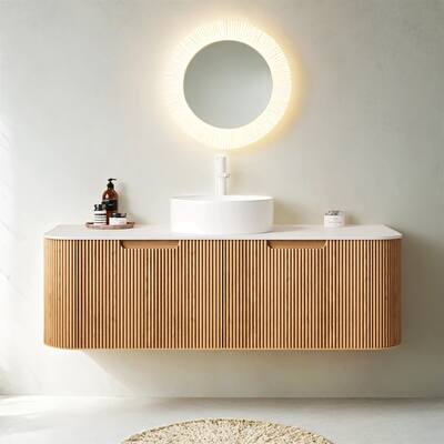Wall-Mounted Floating Curved Edges Striped Bathroom Vanity with Sink without Faucet