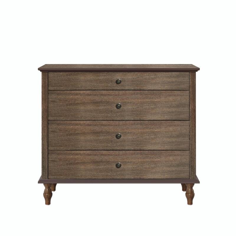 Large 4-Drawer Wood Dresser with Solid Wood Feet, Brown Finish & Metal Knobs, Antique Storage Chest