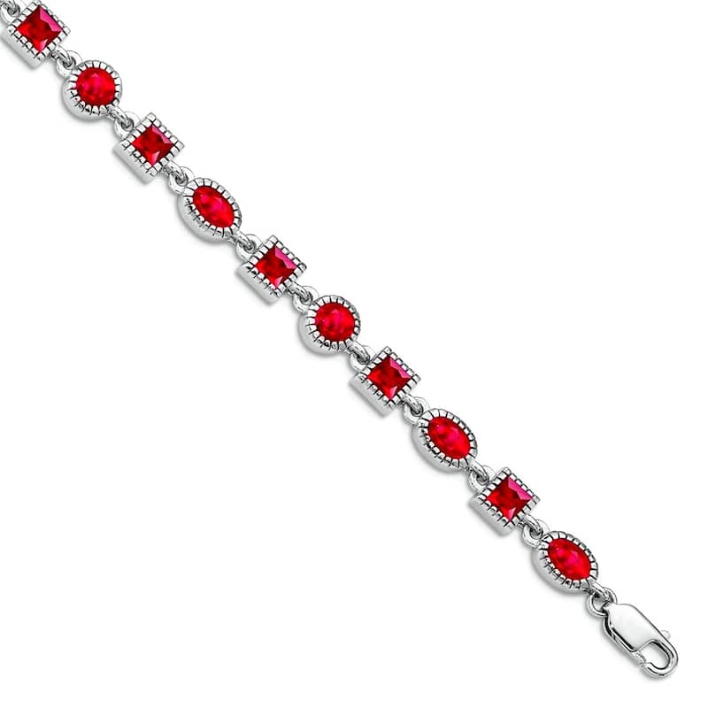 Curata 925 Sterling Silver 7" Mixed Shapes Genuine Ruby Beaded Bracelet