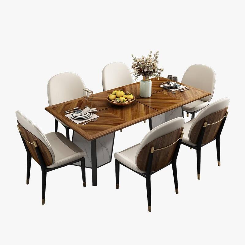 71" Modern Wood Dining Table, Ebony Solid Wood Tabletop , Sintered Stone & Stainless Steel Pedestal