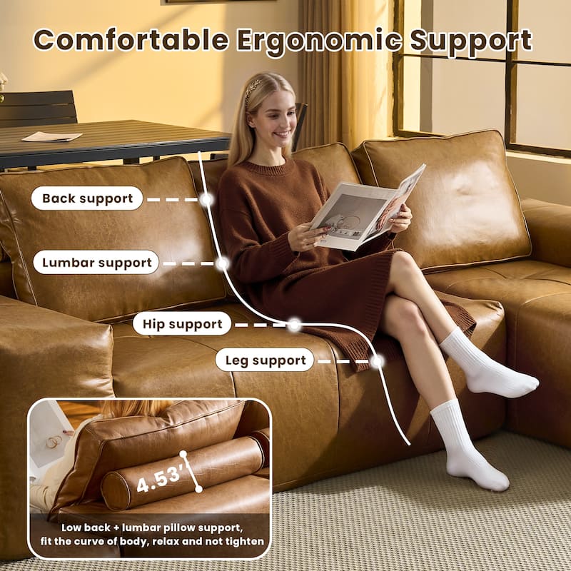 HOOOWOOO Mid-Century Modern Leather L-shaped Sectional Sofa Couch with Ottoman