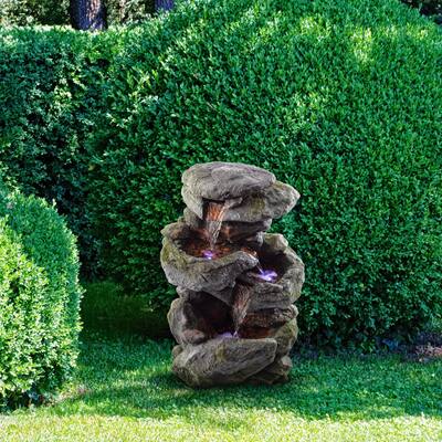 Alpine Corporation 22" Tall Outdoor 3-Tier Rock Waterfall Fountain with LED Lights