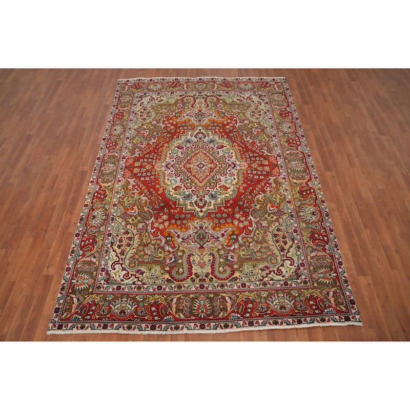 Hand Knotted Oriental 100% Wool Carpet Traditional Floral Oranges & Rust Tabriz Area Rug - 9' 5'' X 6' 5''