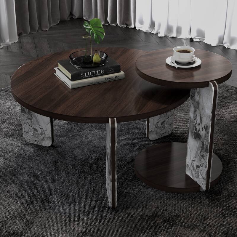 Modern Coffee Table with End Table Set, Durable Walnut Veneered MDF Center Table, Side Table for Living Room