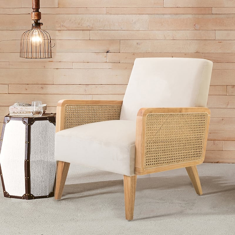 Carmina Upholstered Accent Chair with Natural Rattan Arms by HULALA HOME - Beige