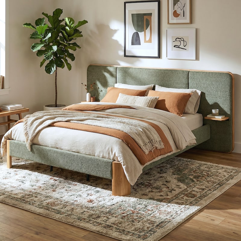 Christopher Knight Home - Modern Boucle Upholstered Platform Bed with Built-In Floating Shelves - Green+Natural