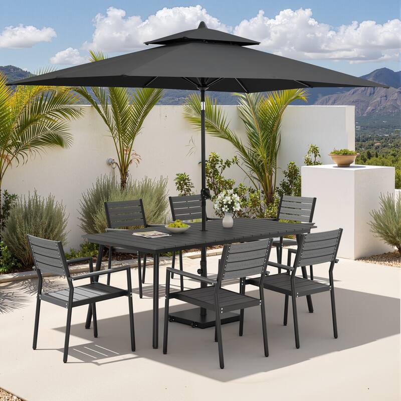 9PC Outdoor Patio Dining Set Aluminum Table with Stackable Armchairs w/ Premium Market Umbrella Sets - GreyTable&GreyChairs&BlackUmbrella