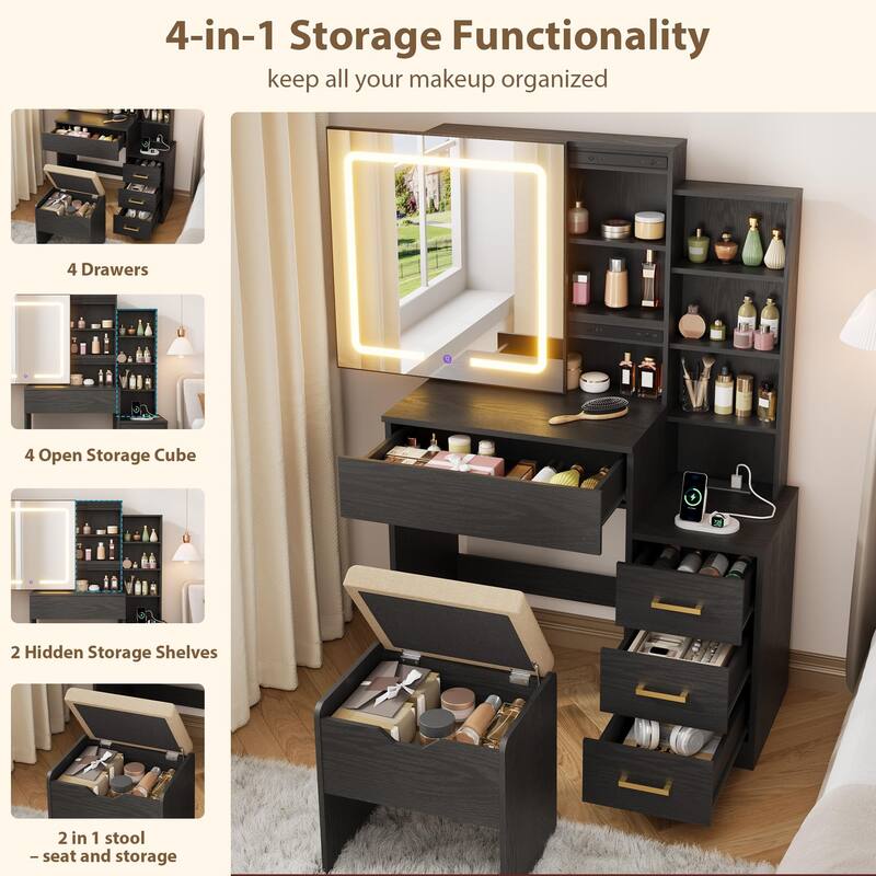 Modern Makeup Vanity with Sliding Mirror, 4 Drawers & 7 Shelves, 3 Light Colors, Charging Port & Stool Set