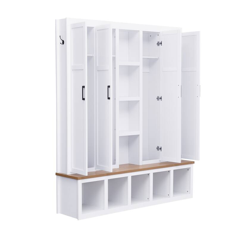 Farmhouse Hall Tree with Bench & 6 Hooks, 62.9"W Shoe Storage, Entryway Organizer for Mudroom, Living Room
