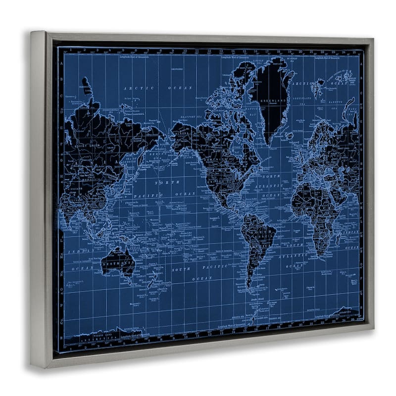 Stupell Blue Toned World Map Framed Floater Canvas Wall Art Design By Phillipa Katz