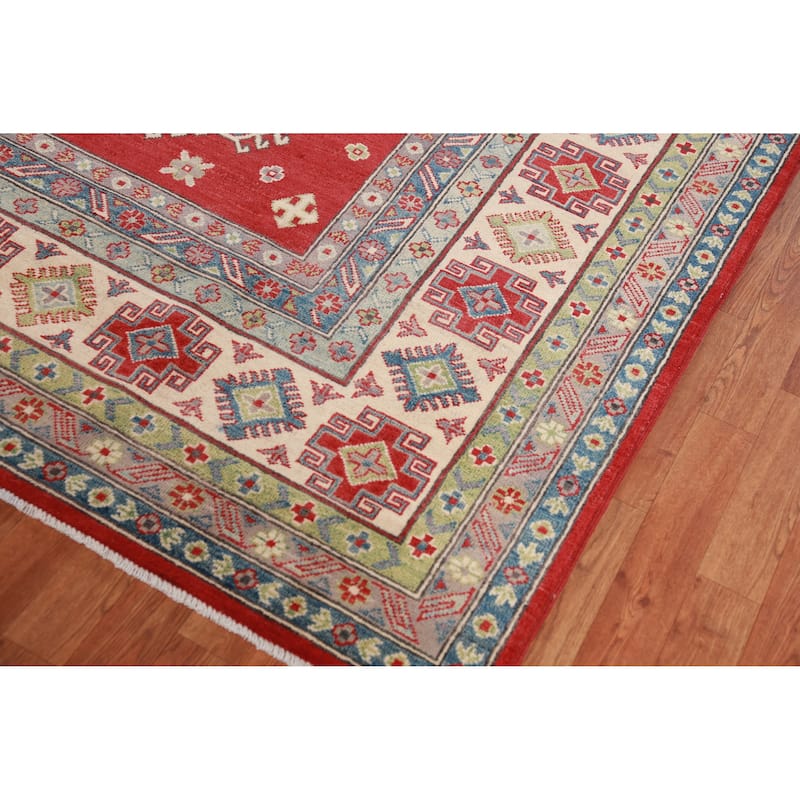 Hand Knotted Oriental 100% Wool Carpet Traditional Geometric Red Kazak Area Rug - 12' 9'' X 9' 11''