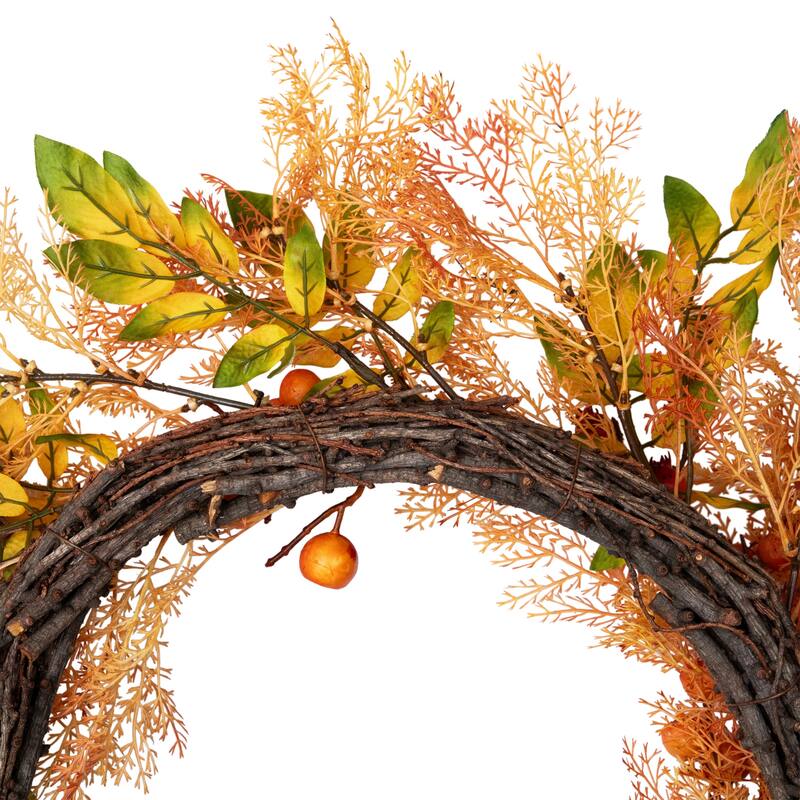 Yellow Orange Berry Leaves Fall Harvest Artificial Wreath 24-Inch