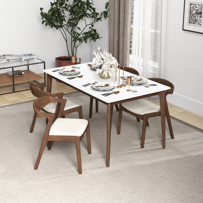 Spruce & Spring Modern Upholstered Dining Chairs Set with Solid Wood Frame Kitchen Side Chairs - Set of 4 - Walnut-White Velvet Seat