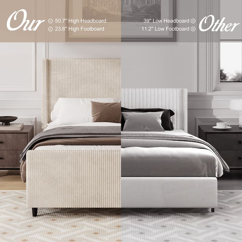 50.7'' High Headboard Corduroy Upholstered Bed Frame