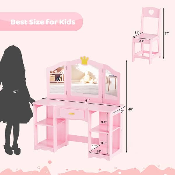 dimension image slide 5 of 6, Kids Vanity Set with Mirror Makeup Dressing Table with Drawer