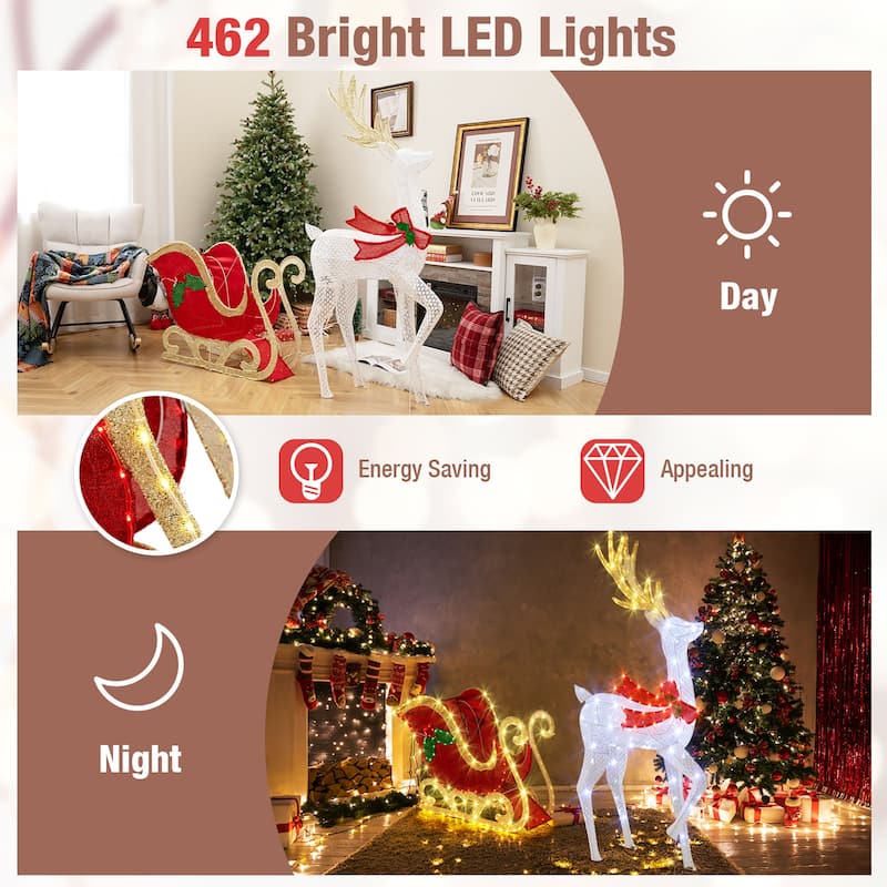Gymax Lighted Christmas Reindeer & Sleigh Set Light-up Xmas - Multi - See Details