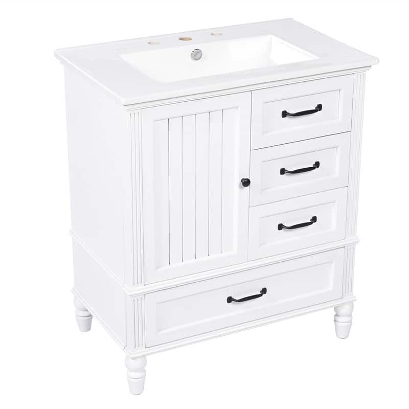 30" Bathroom Vanity with Ceramic Sink Top, Modern Bathroom Storage Cabinet with 1 Door, 3 Drawers and Solid Wood Legs