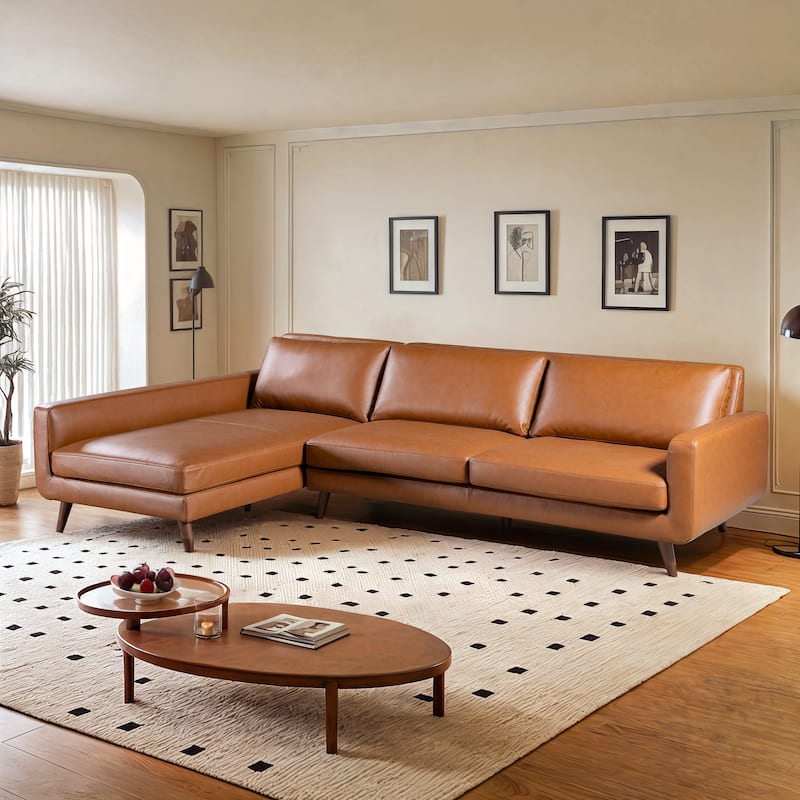 Bellisa Mid Century Modern Living Room Cognac Leather Corner Sectional Sofa - Left Facing