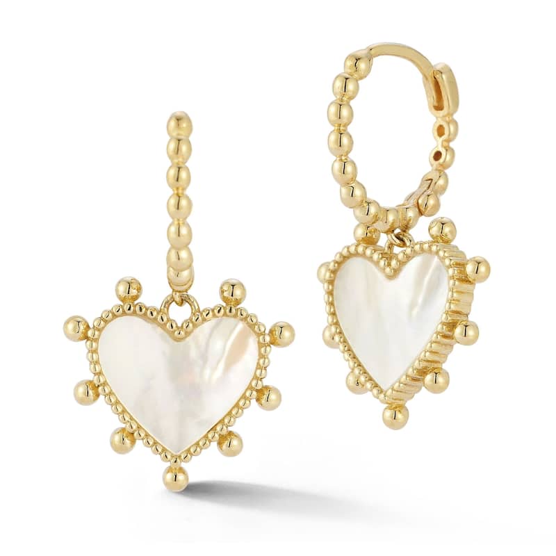 Soleil 14K Gold Mother of Pearl Heart Charm Huggie Earrings