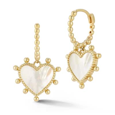Soleil 14K Gold Mother of Pearl Heart Charm Huggie Earrings