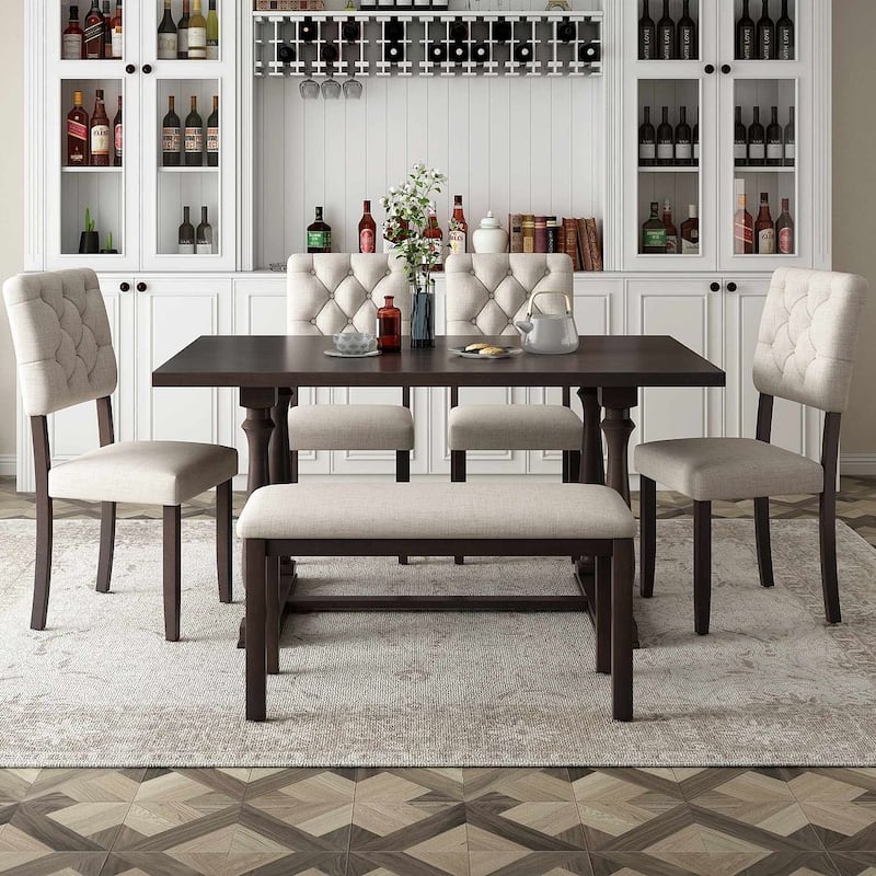 6 Piece Dining Set - 60'' Rectangular Dining Table with 4 Upholstered Chairs and Bench