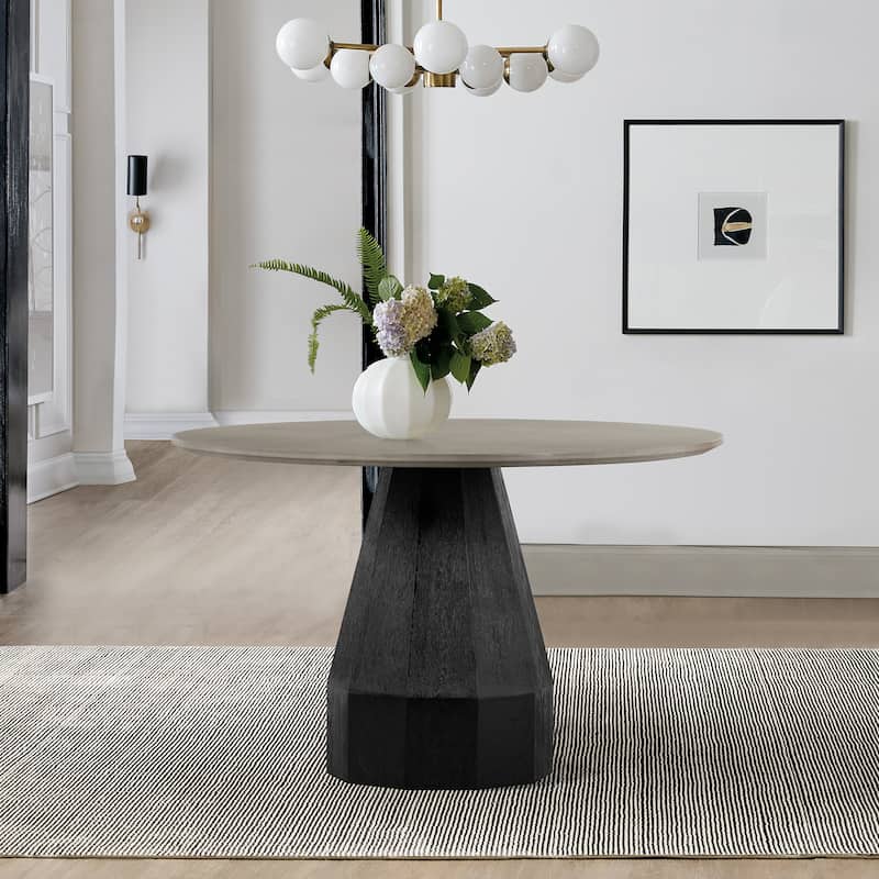 Revival Concrete and Black Oak Wood 47" Round Dining Table with Pedestal Base