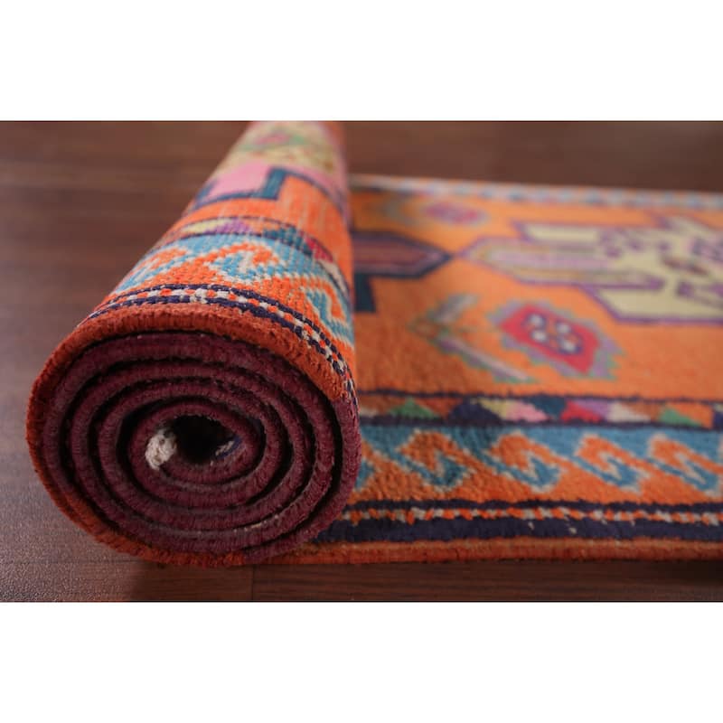 Orange Geometric Anatolian Oriental Runner Rug Handmade Silk Carpet - 3'0"x 12'4"