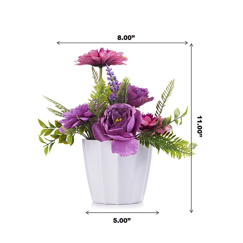 Enova Home Mixed Artificial Silk Peony and Dahlia Fake Flowers Arrangement in White Pot for Home Office Decoration