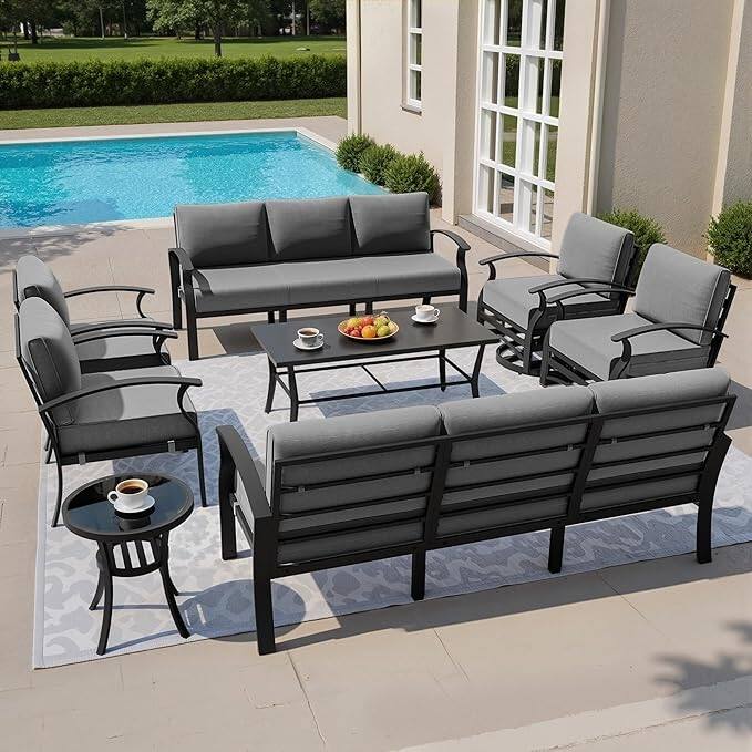 Kullavik Aluminum Outdoor Patio Sectional Sofa Set with Swivel Rocking Chairs and Coffee Table