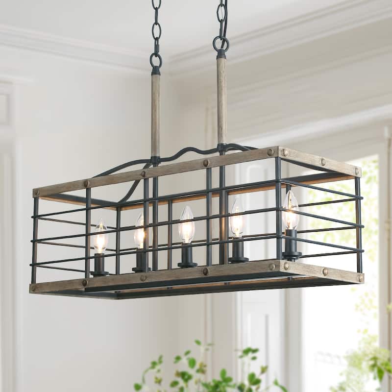 Farmhouse 5-Light Wood Grain Chandelier Kitchen Island Lights - L26"XW10.2"XH19.7"