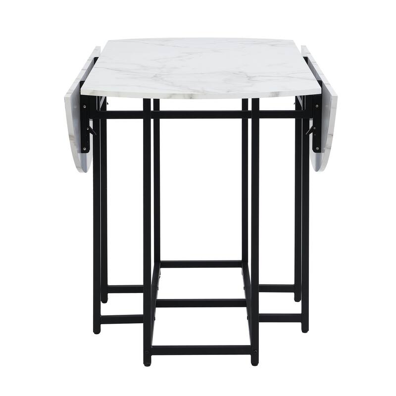 5-Piece Extendable Kitchen Dining Table Set- Round Faux Marble Top, 4 Upholstered Chairs, Compact Foldable Design