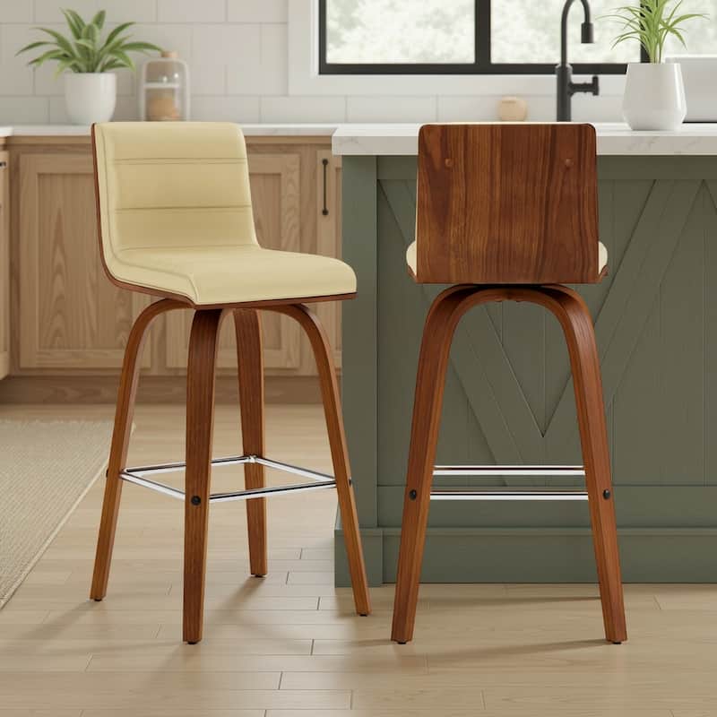Skara Mid-Century Swivel Counter Stool, Upholstered Counter Height Chair with Bentwood Legs - Cream & Walnut - Set of 2