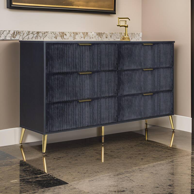 Moko 58 Inch Wide Dresser, 6 Soft Upholstered Drawers, Black, Gold