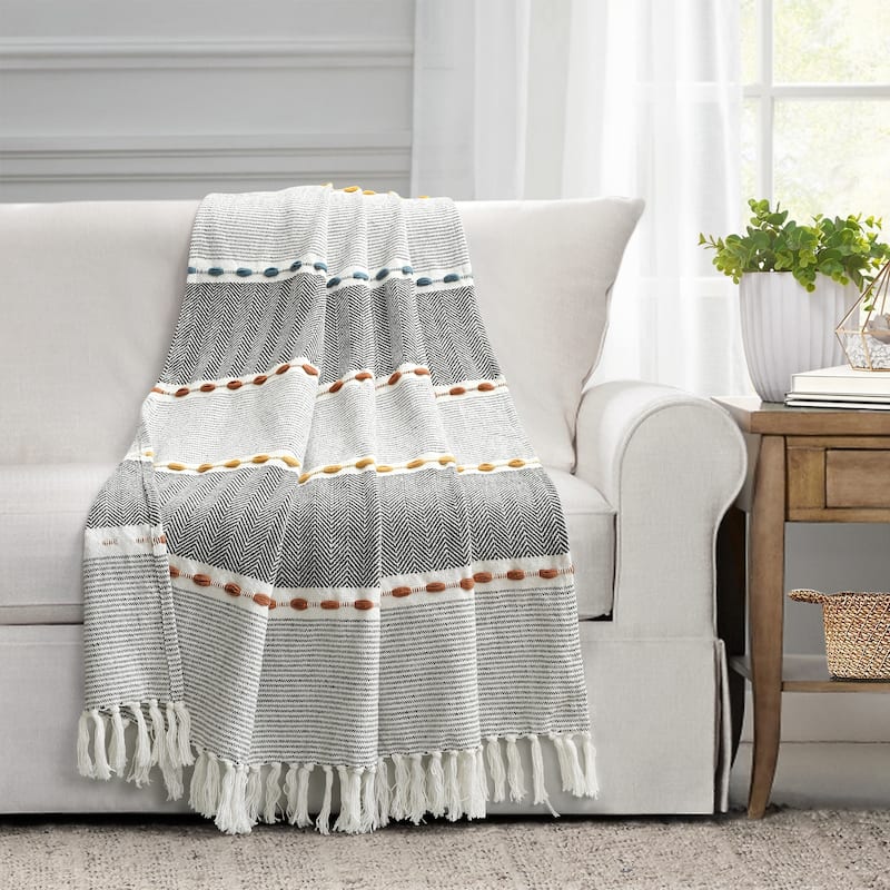 Lush Decor Herringbone Stripe Yarn Dyed Cotton Woven Tassel Throw Blanket - Black