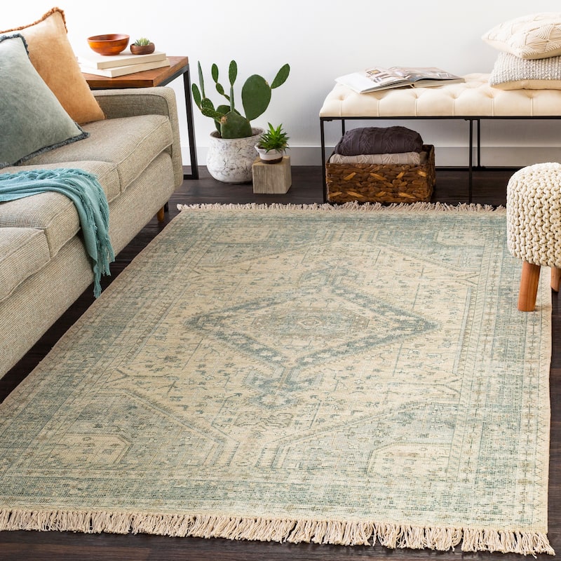 Livabliss Evans Distressed Medallion Handmade Cotton Area Rug - 2'6" x 8' Runner - Sage/Cream