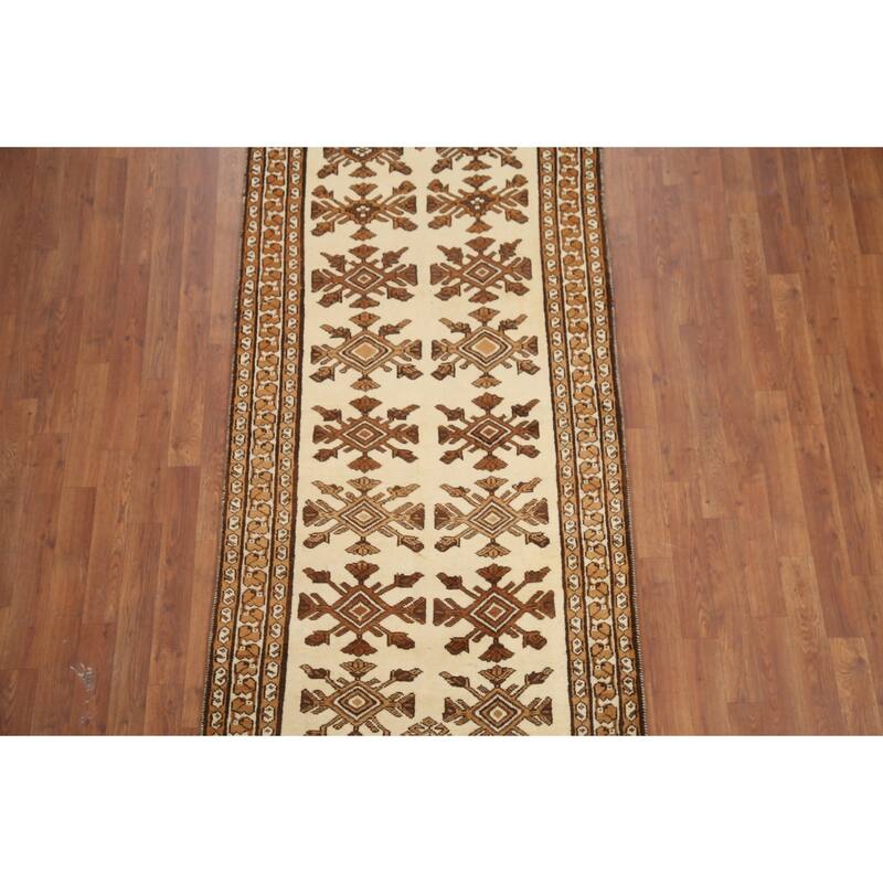 Hand Knotted Oriental 100% Wool Carpet Traditional Geometric Beige & Ivories Balouch Runner Rug - 6' 8'' X 3' 4''