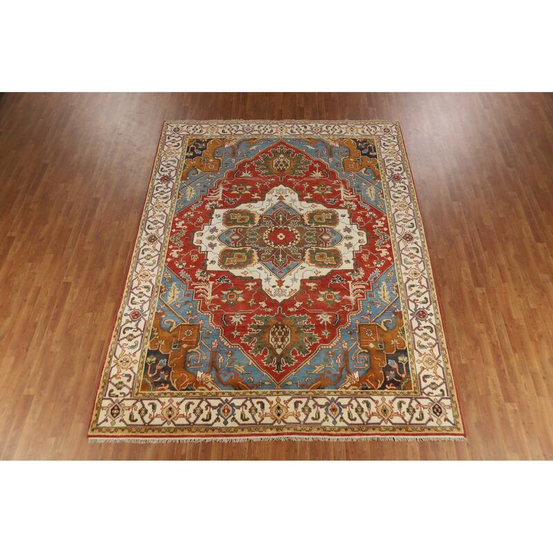 Medallion Orange Heriz Serapi Rug Handmade Traditional Wool Carpet - 8'8" x 11'5"
