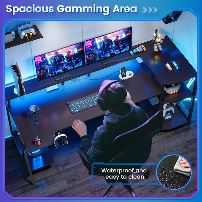 PC Gaming Desk Power Outlets Computer Desk LED Lights Storage Shelves
