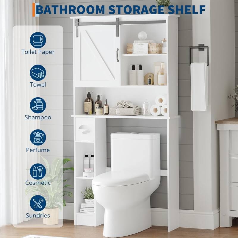 Over The Toilet Storage Cabinet Double Door Bathroom Organizer with Adjustable Shelves, Toilet Paper Holder