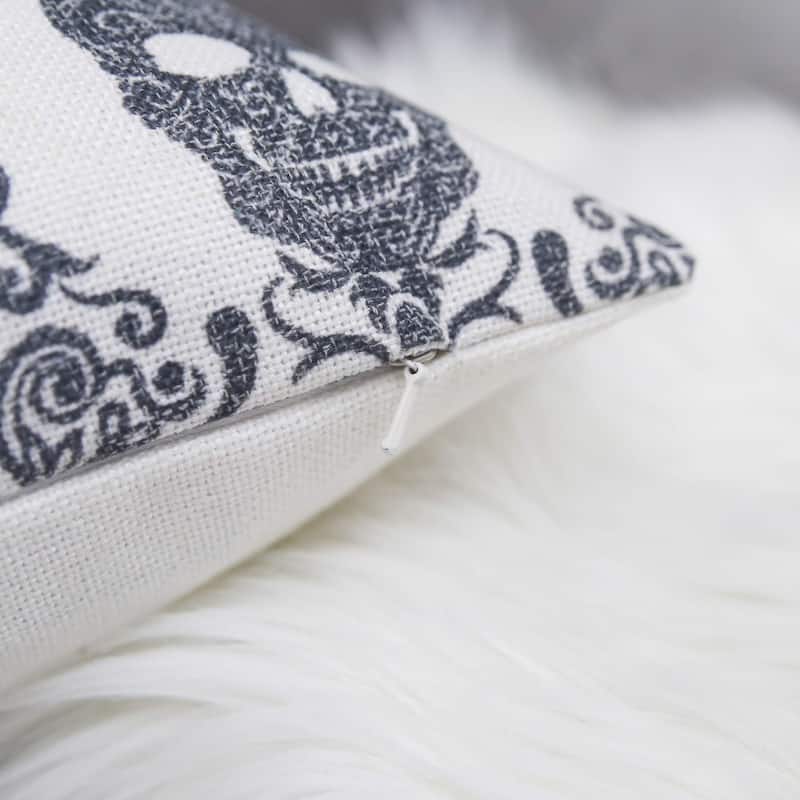 Gothic Damask Skull Throw Pillow - Black & White Cotton Linen