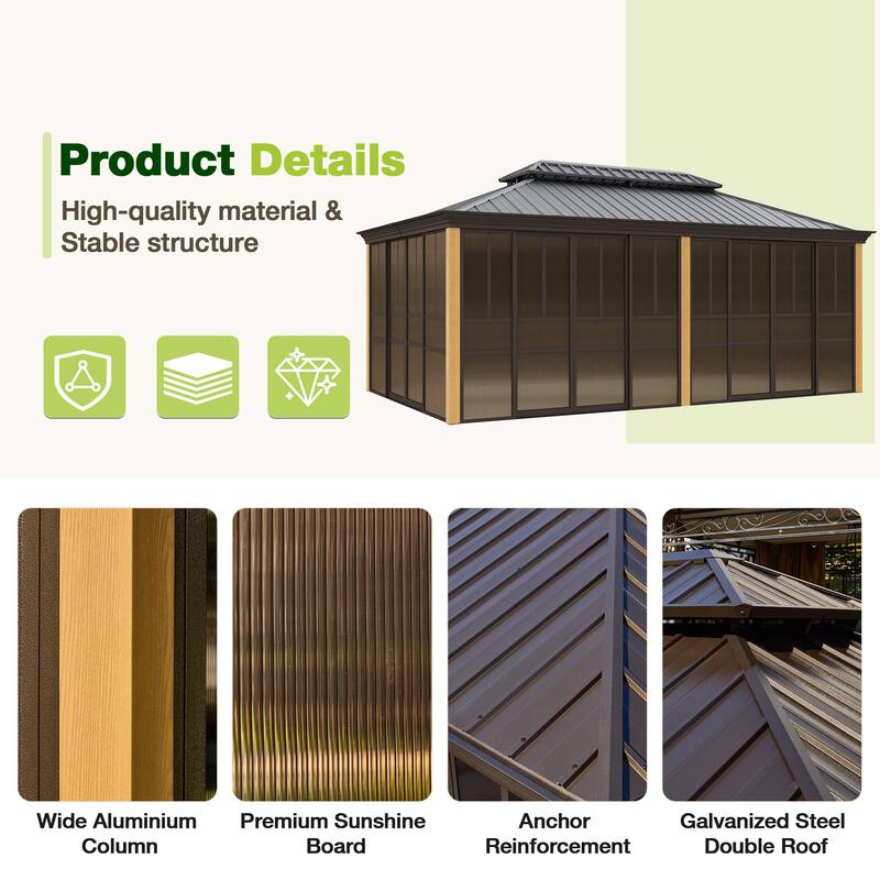 Erommy Outdoor Solarium Sunroom, Patio Hardtop Gazebo, Aluminum Frame Permanent Gazebo with Sliding Doors and Screens