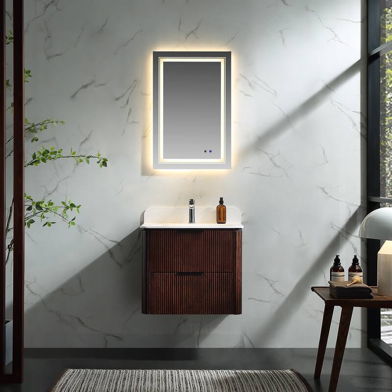 Modland Fluted Floating Vanity with Sink, Plywood Wall Mount Cabinet, Curved Edge, 24/30/36 Inch