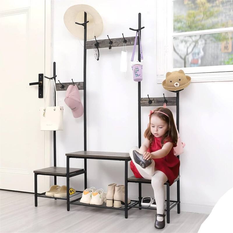 Hall Tree Entryway Bench with Coat Rack and Shoe Storage