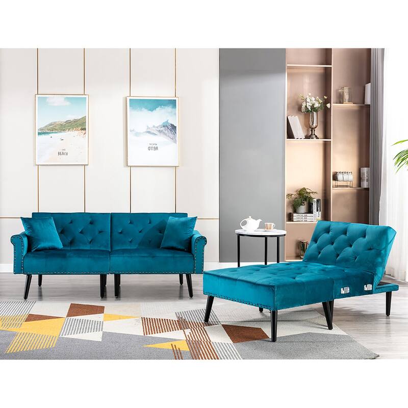 Convertible Velvet Sofa Couch, Sectional Sofa with Ottoman, Mid-Century Futon Sofa Bed - 32"D x 100.7"W x 29.9"H