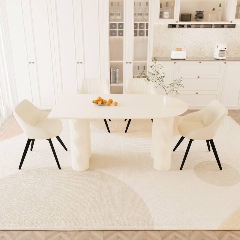 5-Piece Kitchen Table Set for 4, Modern Round Dining Table Set with Carved Legs and PU Leather Chairs for Dining Room