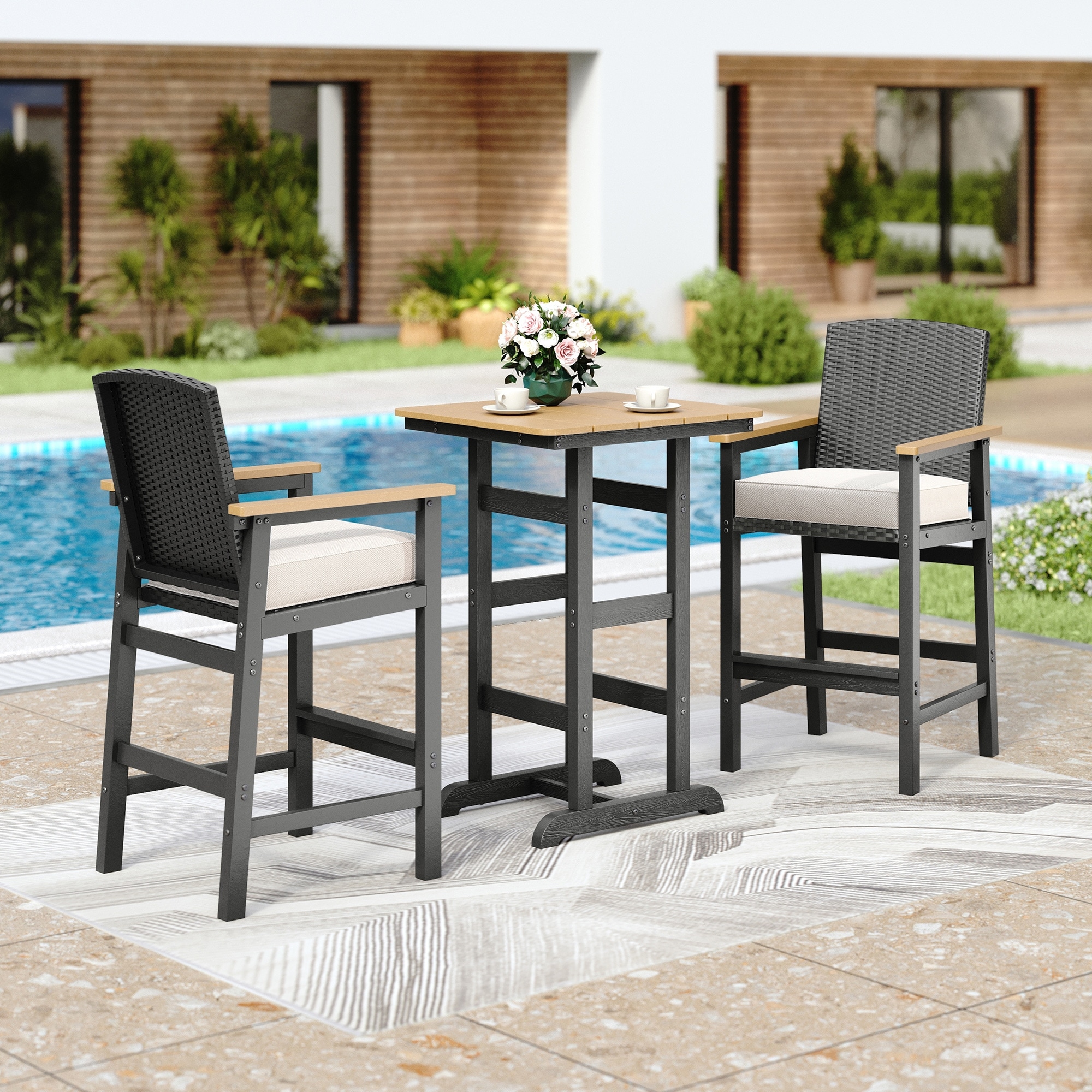 MAISON ARTS Outdoor 3 Pieces High Bar Set, All-Weather HDPE High Top Table and Wicker Bar Stool