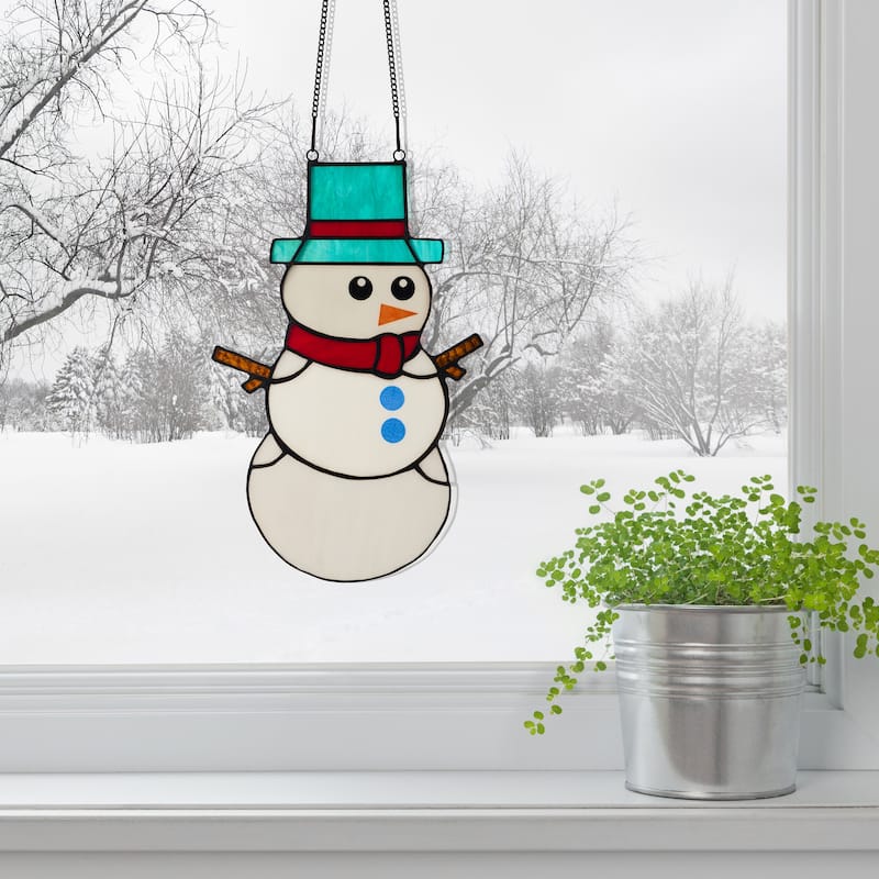River of Goods 12-Inch Holiday Snowman Stained Glass Window Panel - 7.5" x 0.25" x 12"