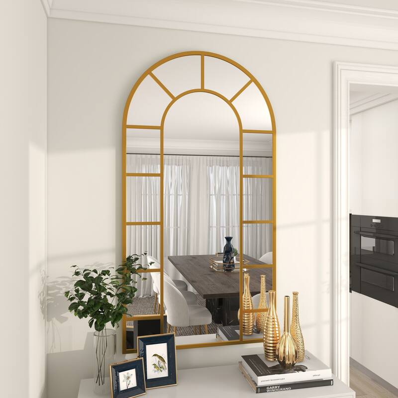 Black or Gold Metal Window Pane Inspired Room Wall Mirror with Arched Top