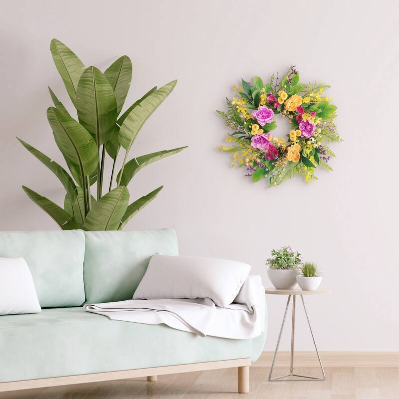 Peony and Winter Jasmine Artificial Floral Spring Wreath - 24" - Green and Pink